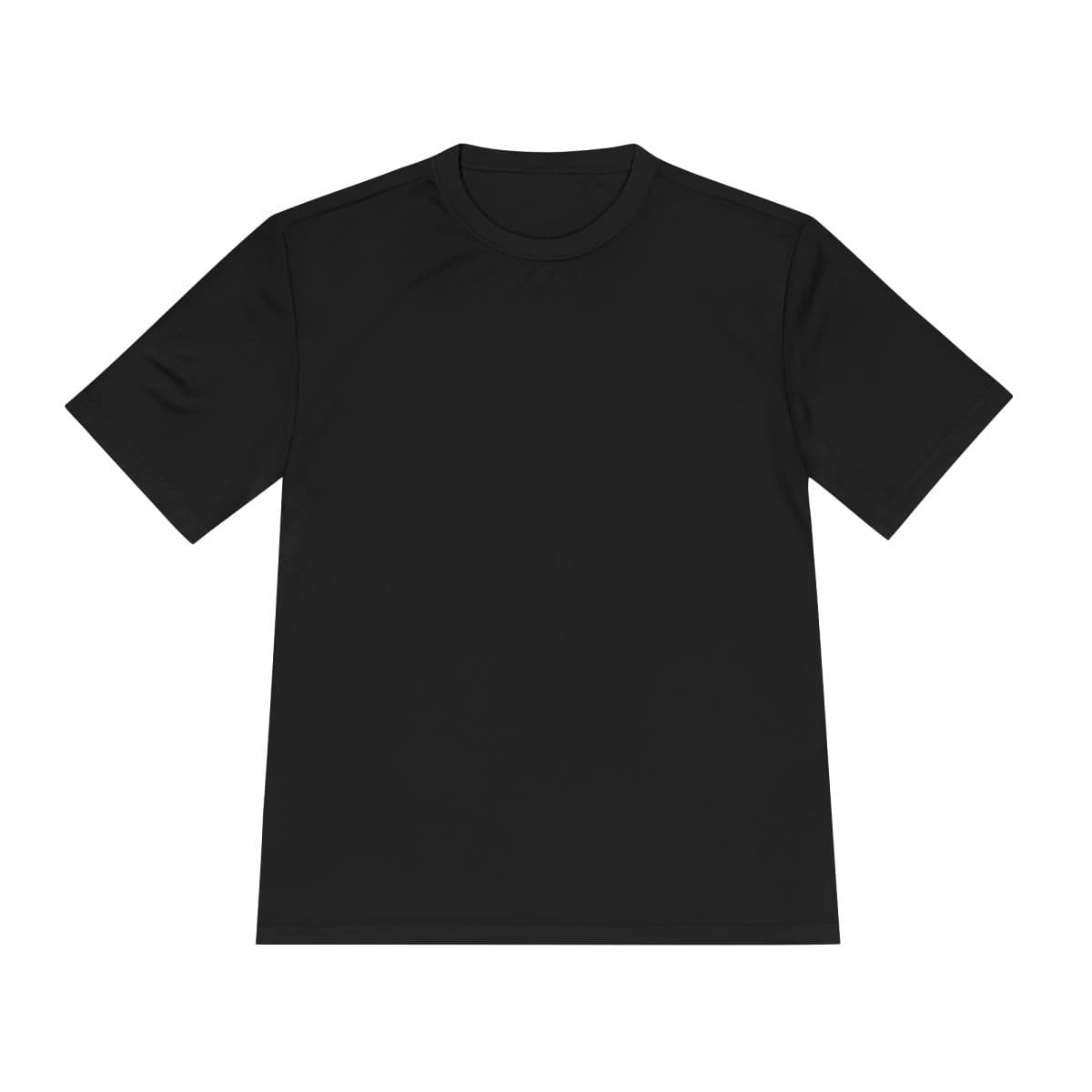 Plain black unisex moisture wicking tee, front view