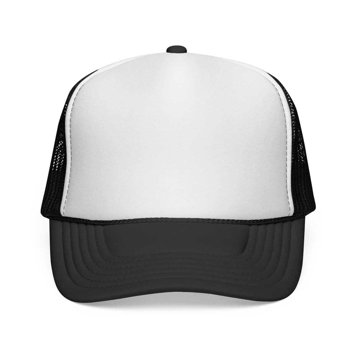 Plain black trucker caps, front view