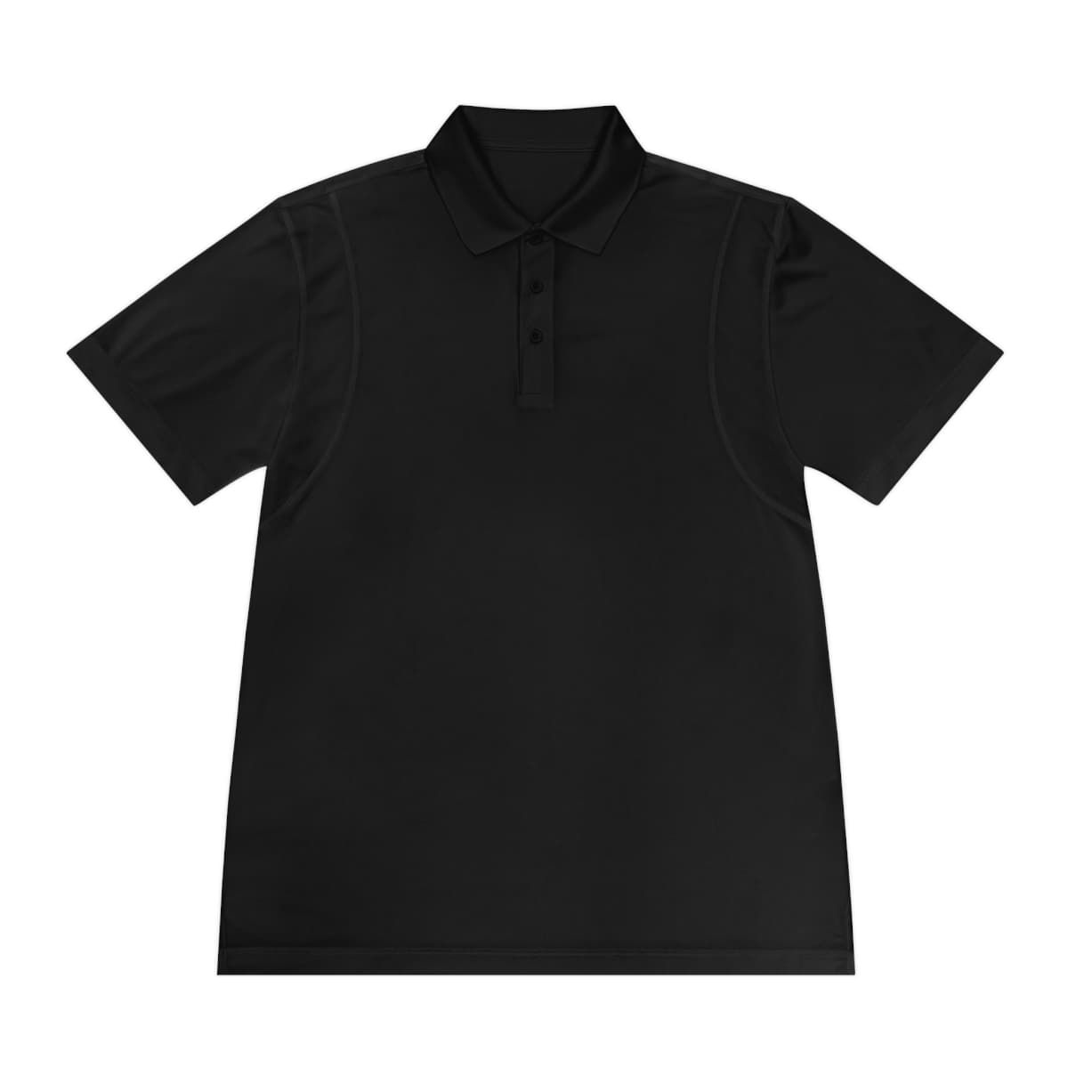 Plain black men's sport polo shirt, front view