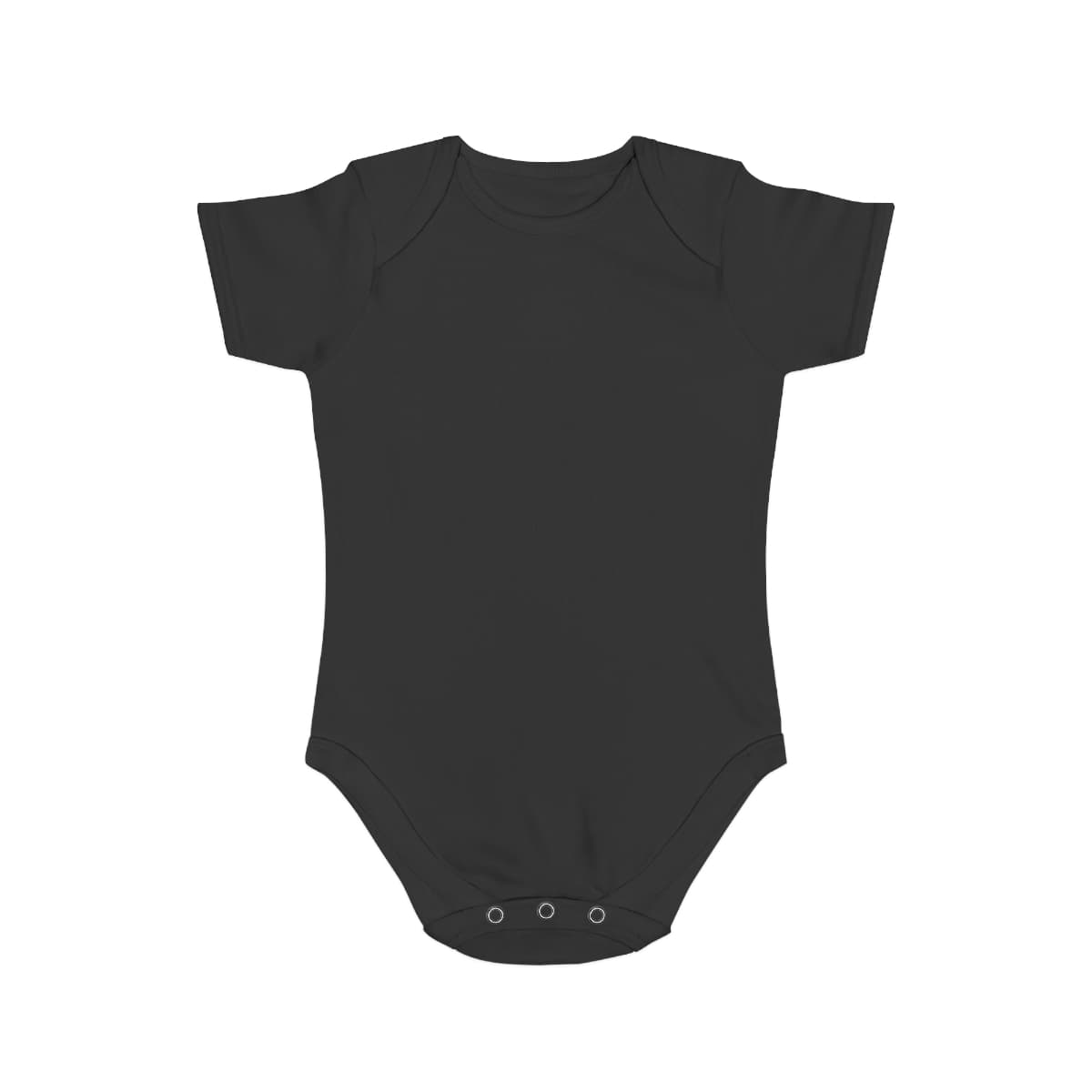 Plain black short sleeve baby bodysuit, front view