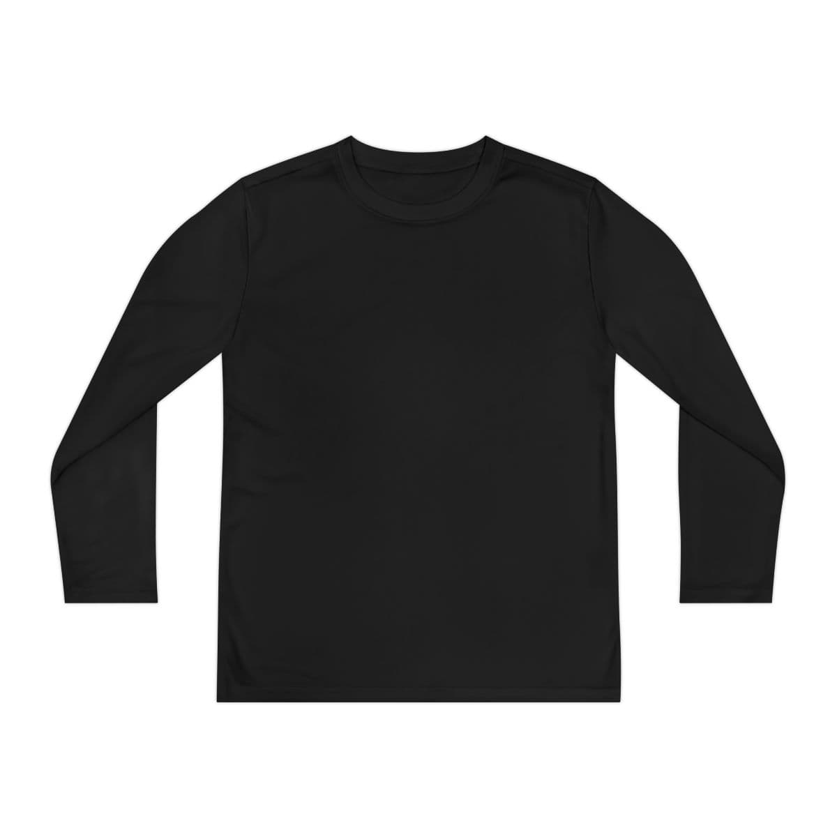 Plain black youth long sleeve competitor tee, front view
