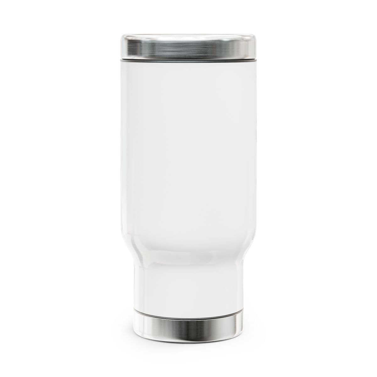 Plain stainless steel travel mug with handle, 14oz, front view