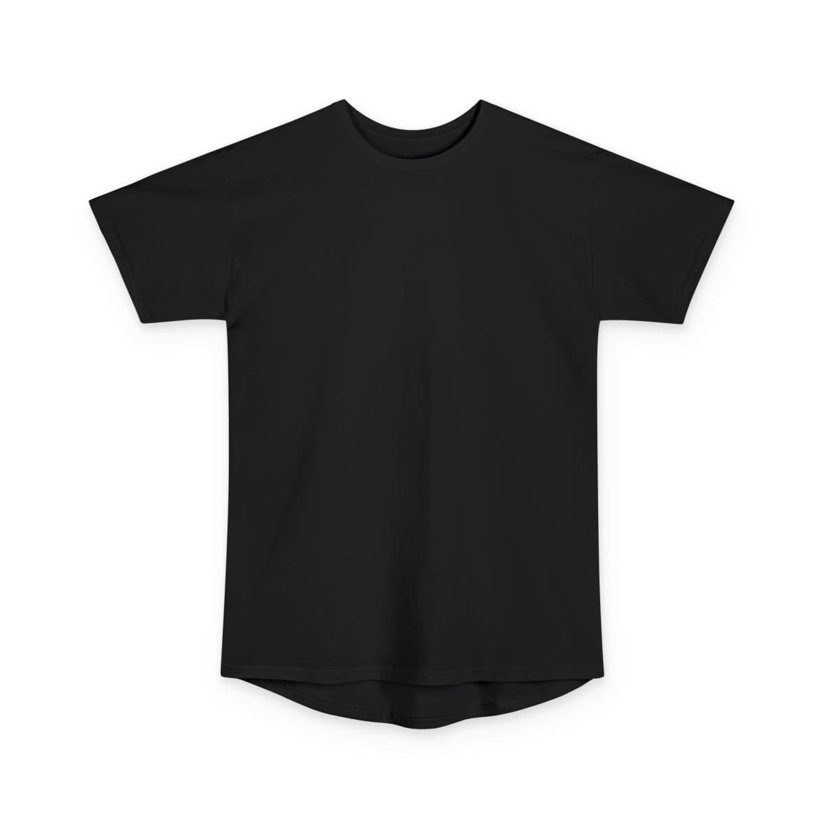 Plain black unisex long body urban tee, front view