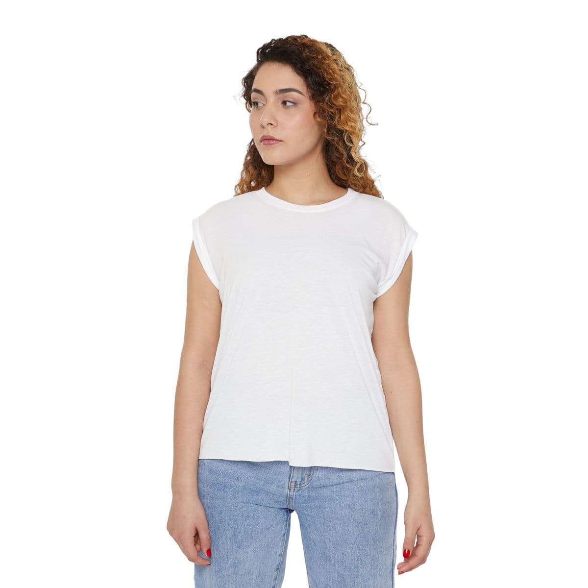 Women’s Flowy Rolled Cuffs Muscle Tee — White — person-front