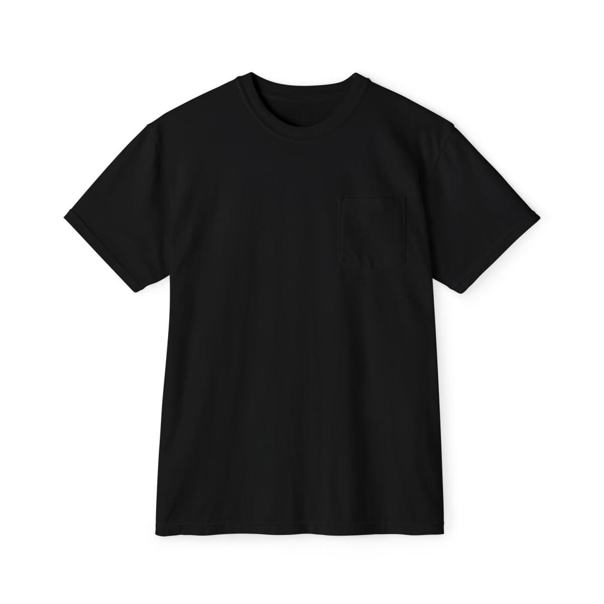 Plain black unisex garment-dyed pocket t-shirt, front view