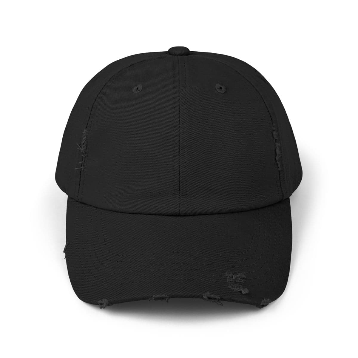 Plain black unisex distressed cap, front view