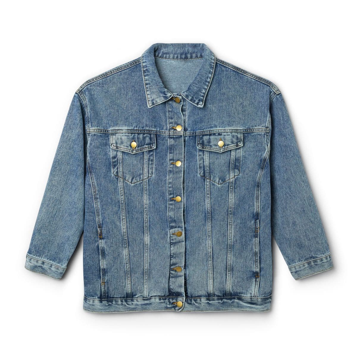 Plain medium denim wash women's denim jacket, front view