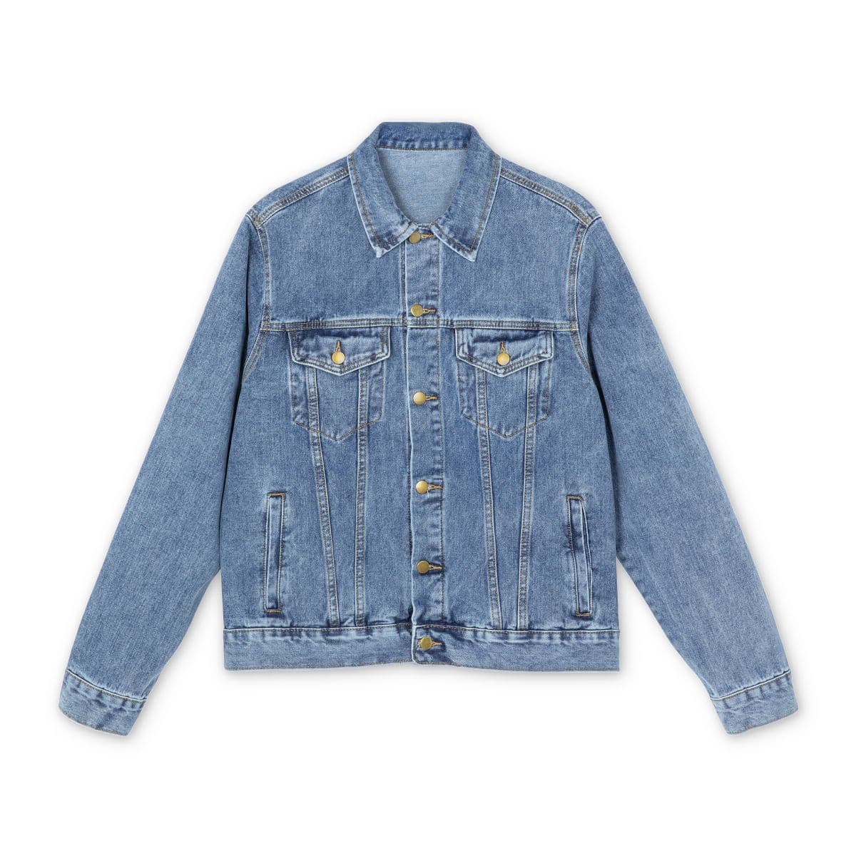 Plain medium denim wash men's denim jacket, front view