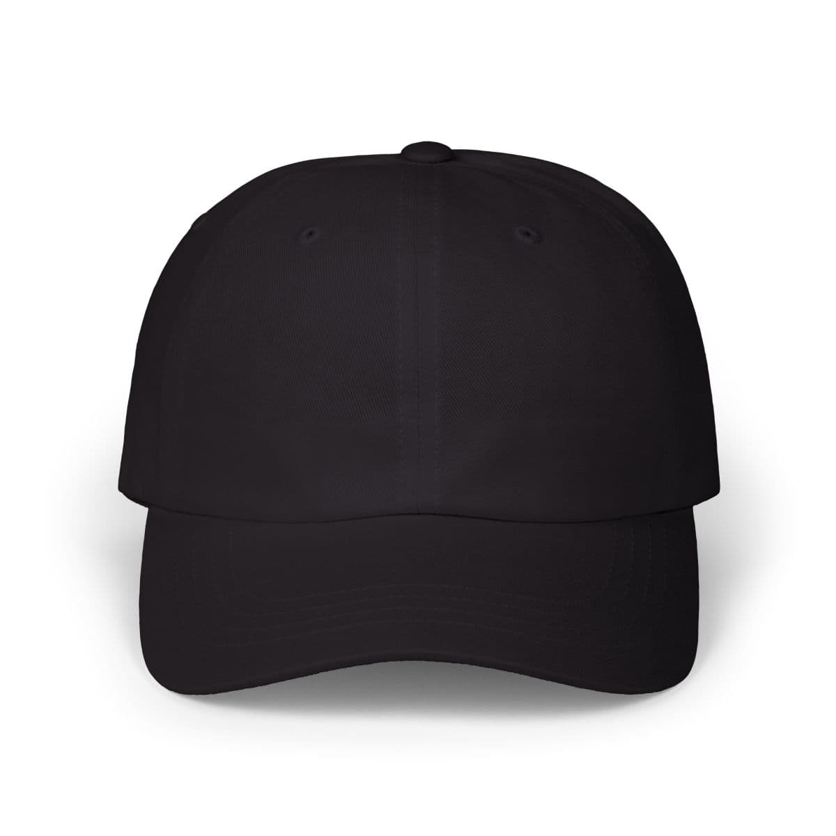 Plain black classic dad cap, front view