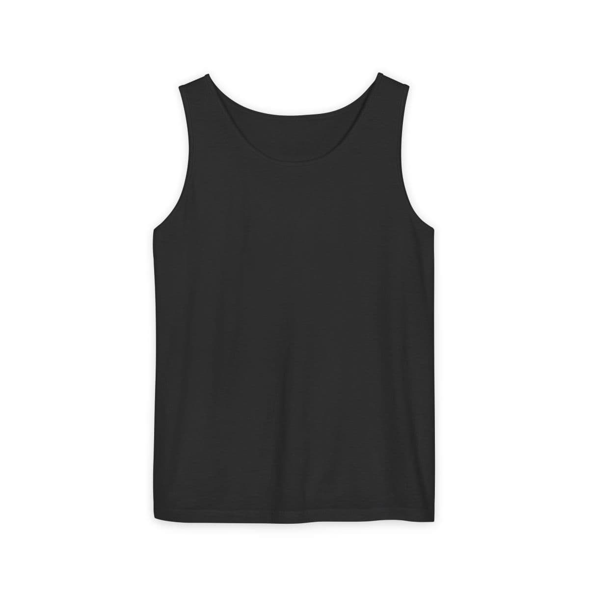 Plain black unisex garment-dyed tank top, front view