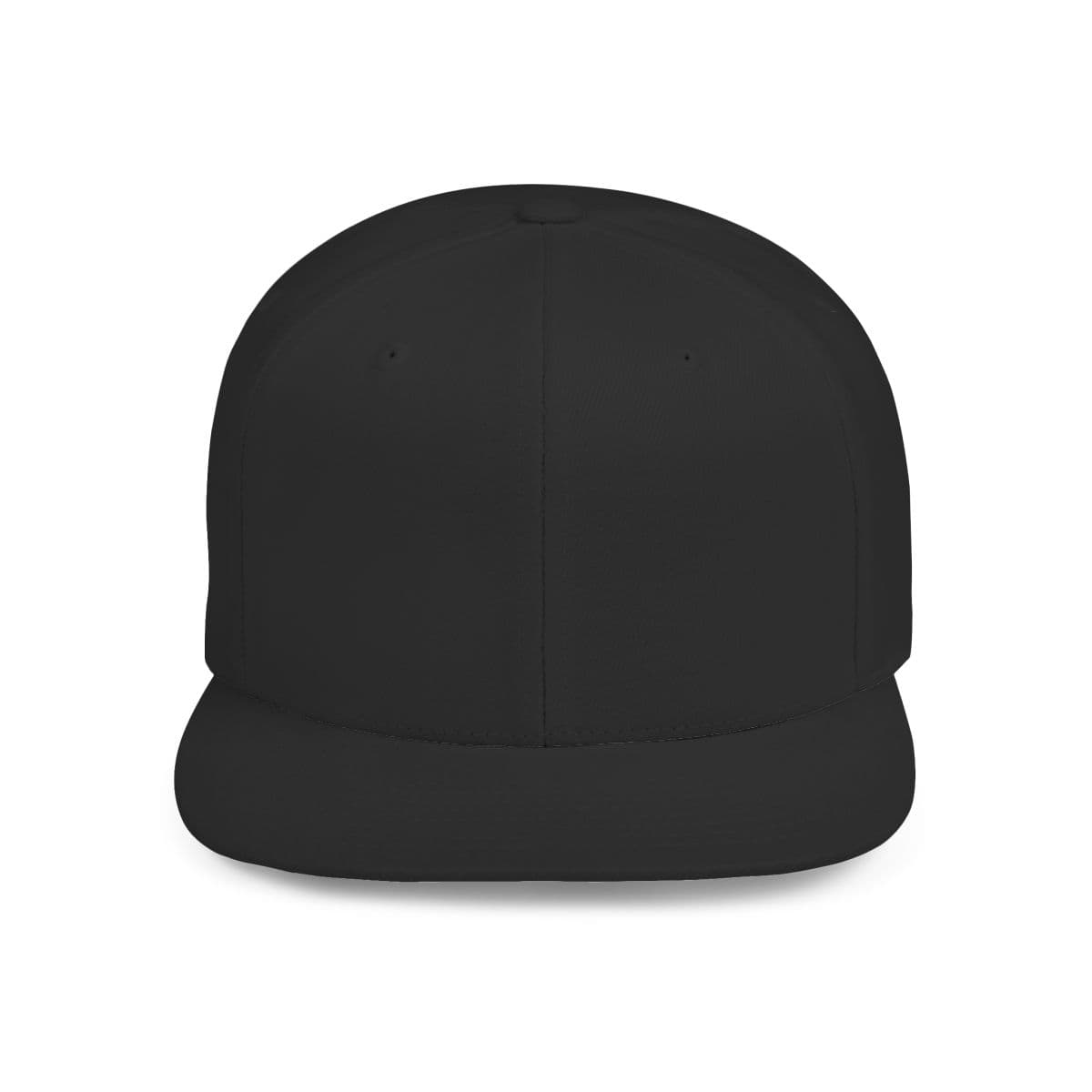 Plain black flat bill snapback, front view