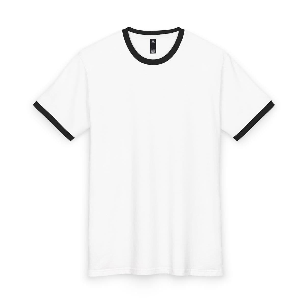 Plain white/black men's staple ringer tee, front view