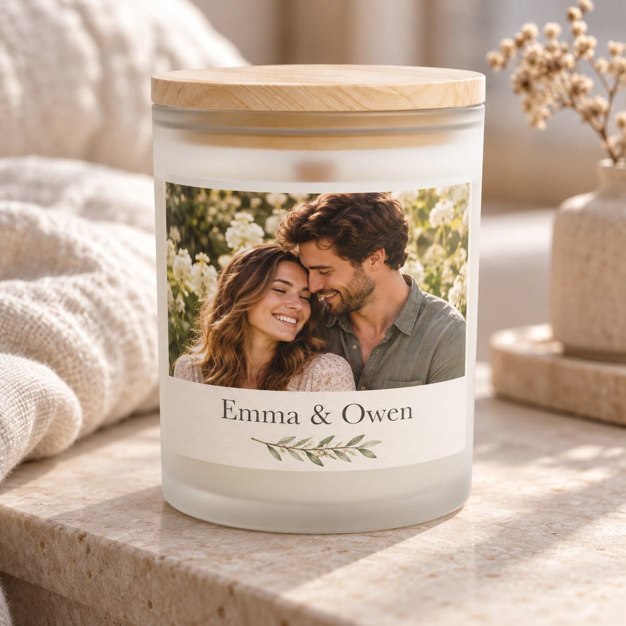 Custom Frosted Glass 11 oz Wooden Wick Candle with Your Photo or Text