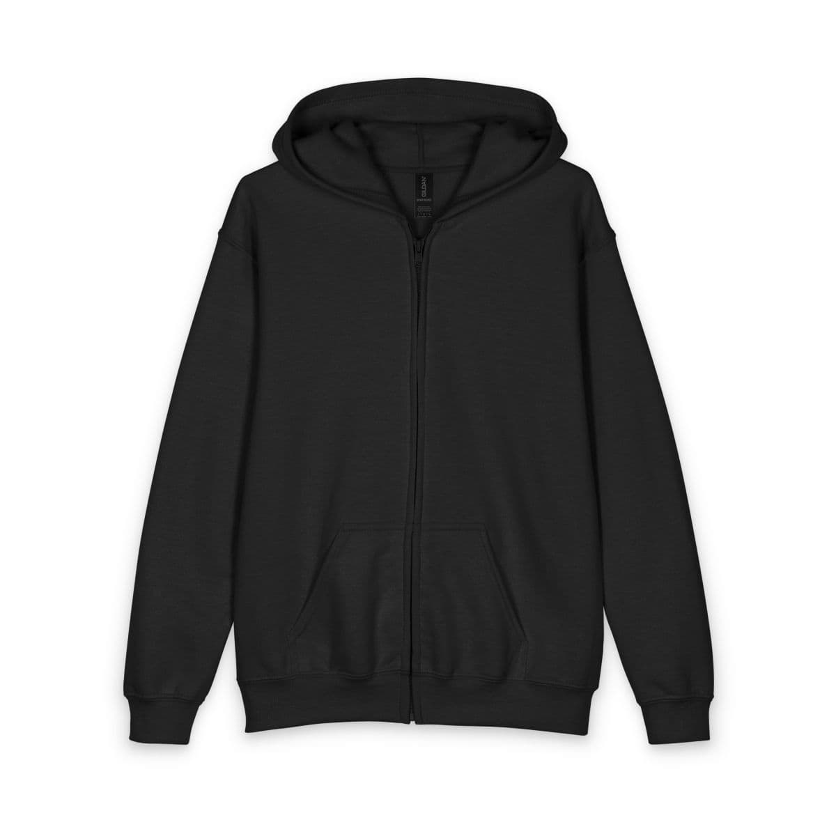 Plain black youth heavy blend zipped hoodie, front view