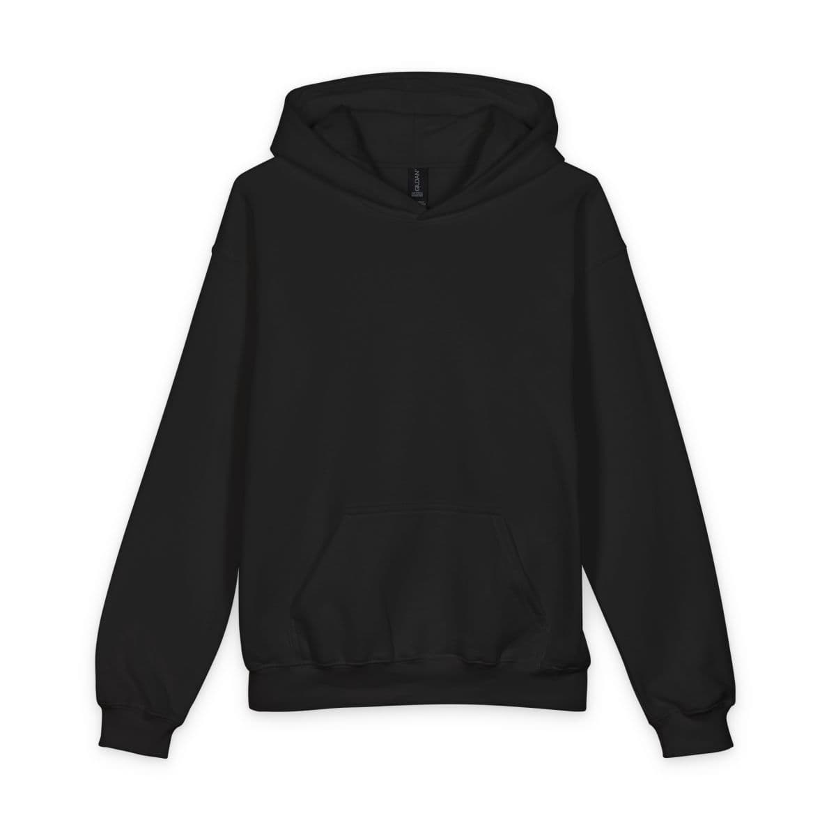 Plain black softstyle youth midweight hooded sweatshirt, front view