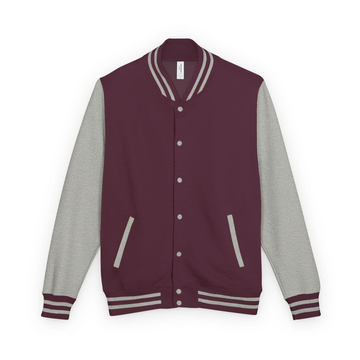 Plain burgundy/heather grey unisex heavyweight letterman jacket, front view