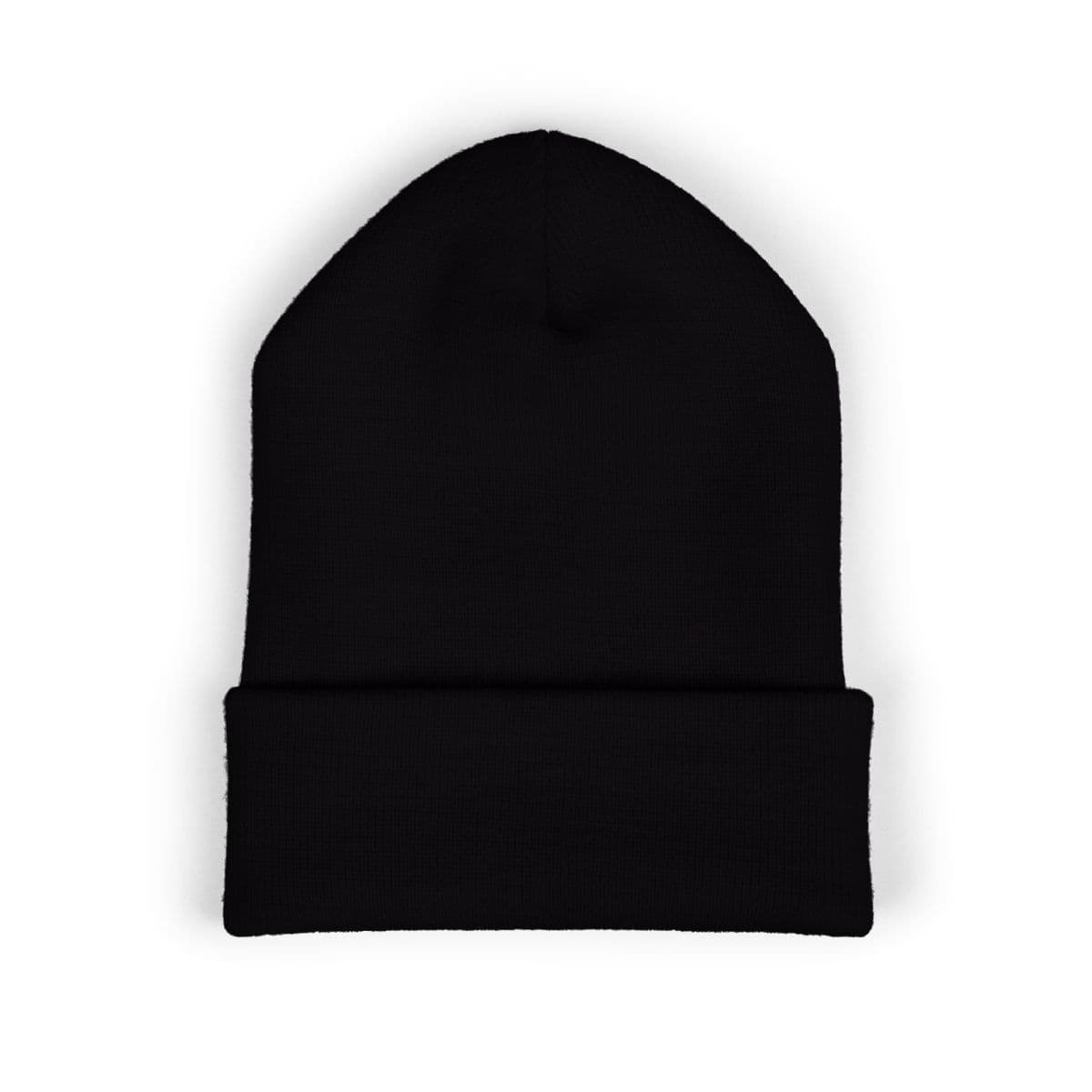 Plain black classic cuffed beanie (embroidery), front view