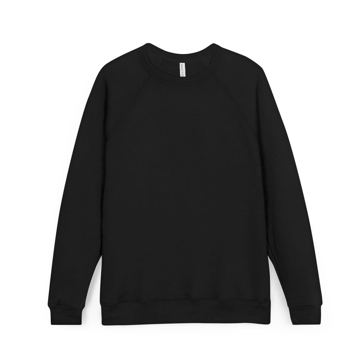 Plain black unisex sponge fleece raglan sweatshirt, front view