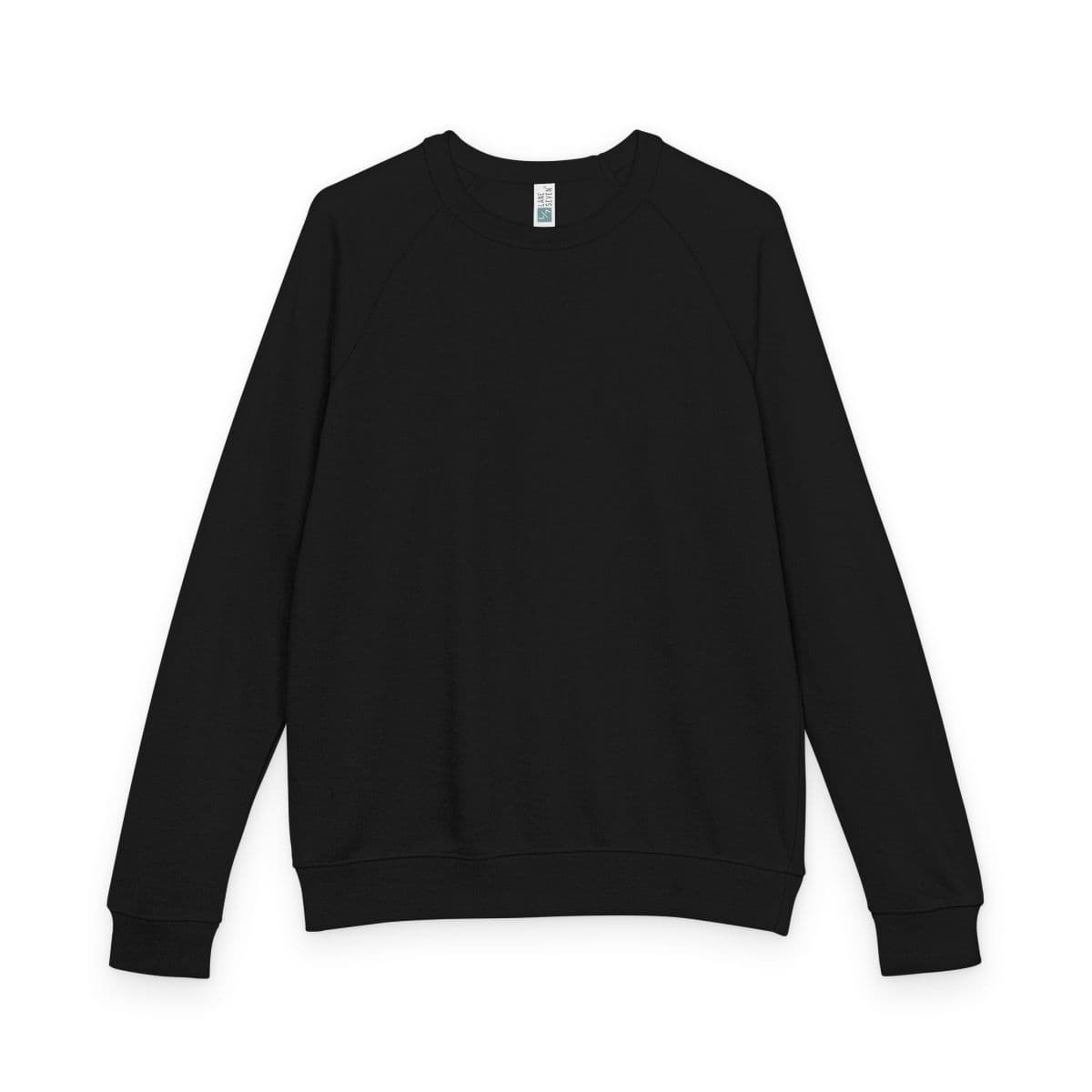 Plain black unisex french terry raglan crewneck, front view