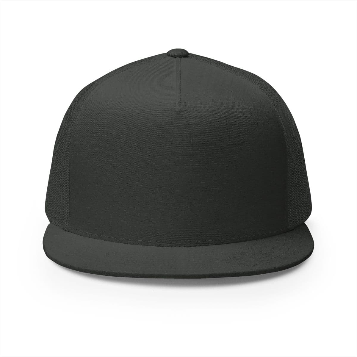 Plain charcoal 5 panel trucker cap, front view