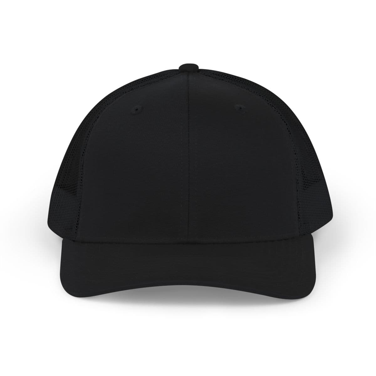 Plain black snapback trucker cap, front view