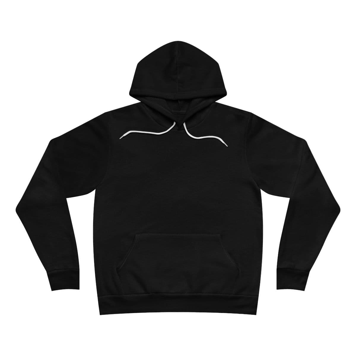 Plain black unisex sponge fleece pullover hoodie, front view