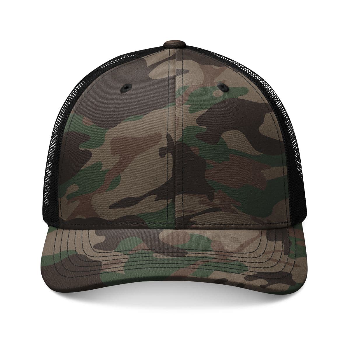 Plain camo black camouflage trucker hat (embroidery), front view