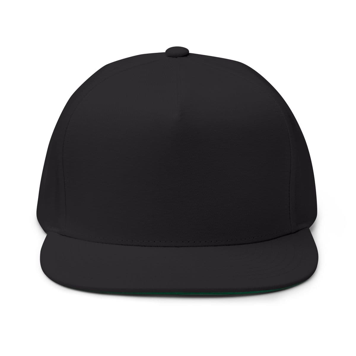 Plain black flat bill cap (embroidery), front view