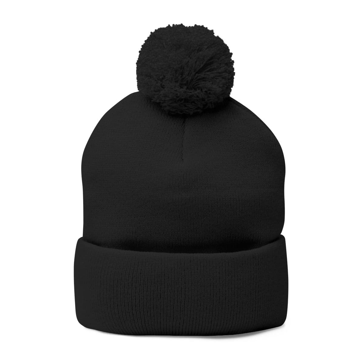Plain black pom-pom knit cap (embroidery), front view