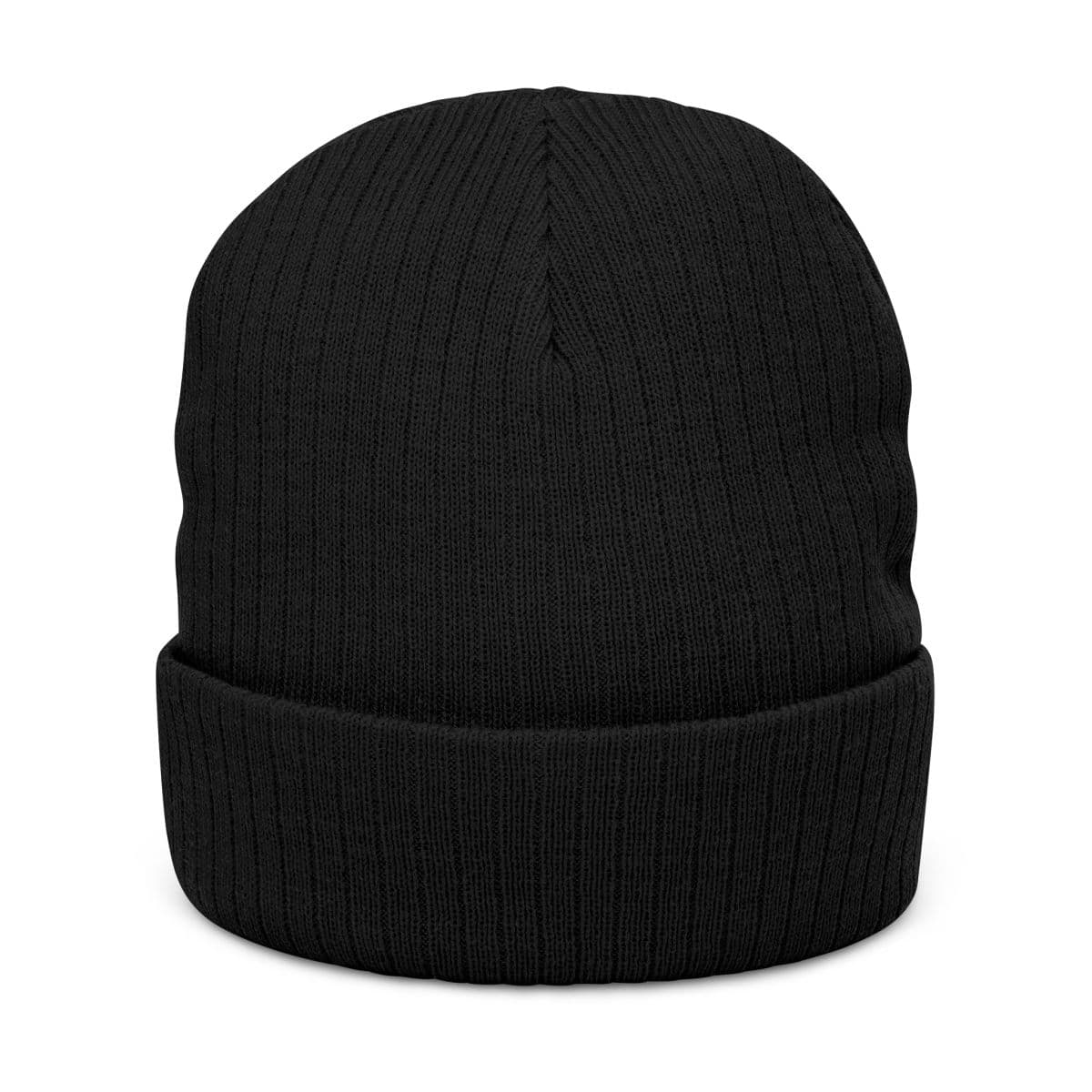 Plain black ribbed knit beanie (embroidery), front view
