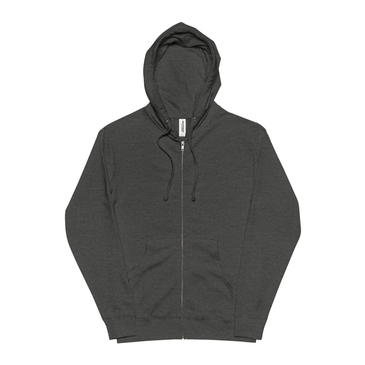 Plain charcoal heather unisex fleece zip up hoodie, front view