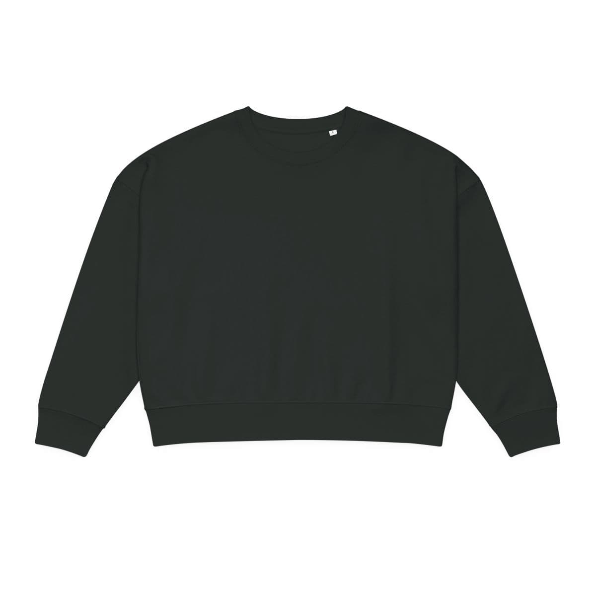 Plain black women's alma organic crew neck sweatshirt, front view