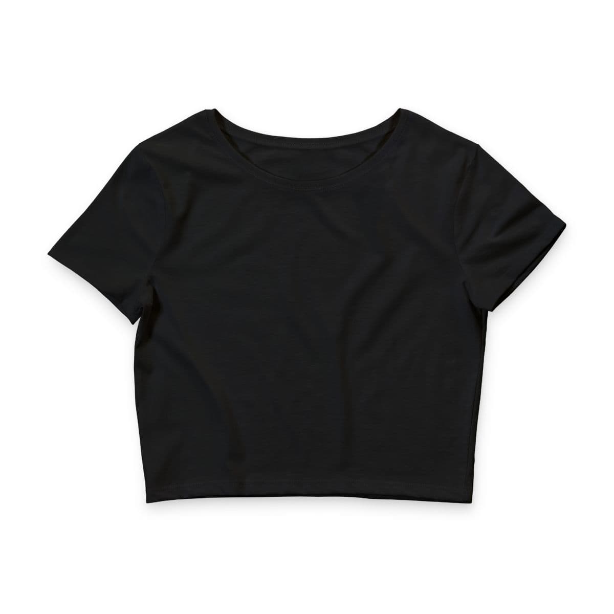 Plain black women’s poly-cotton crop tee, front view
