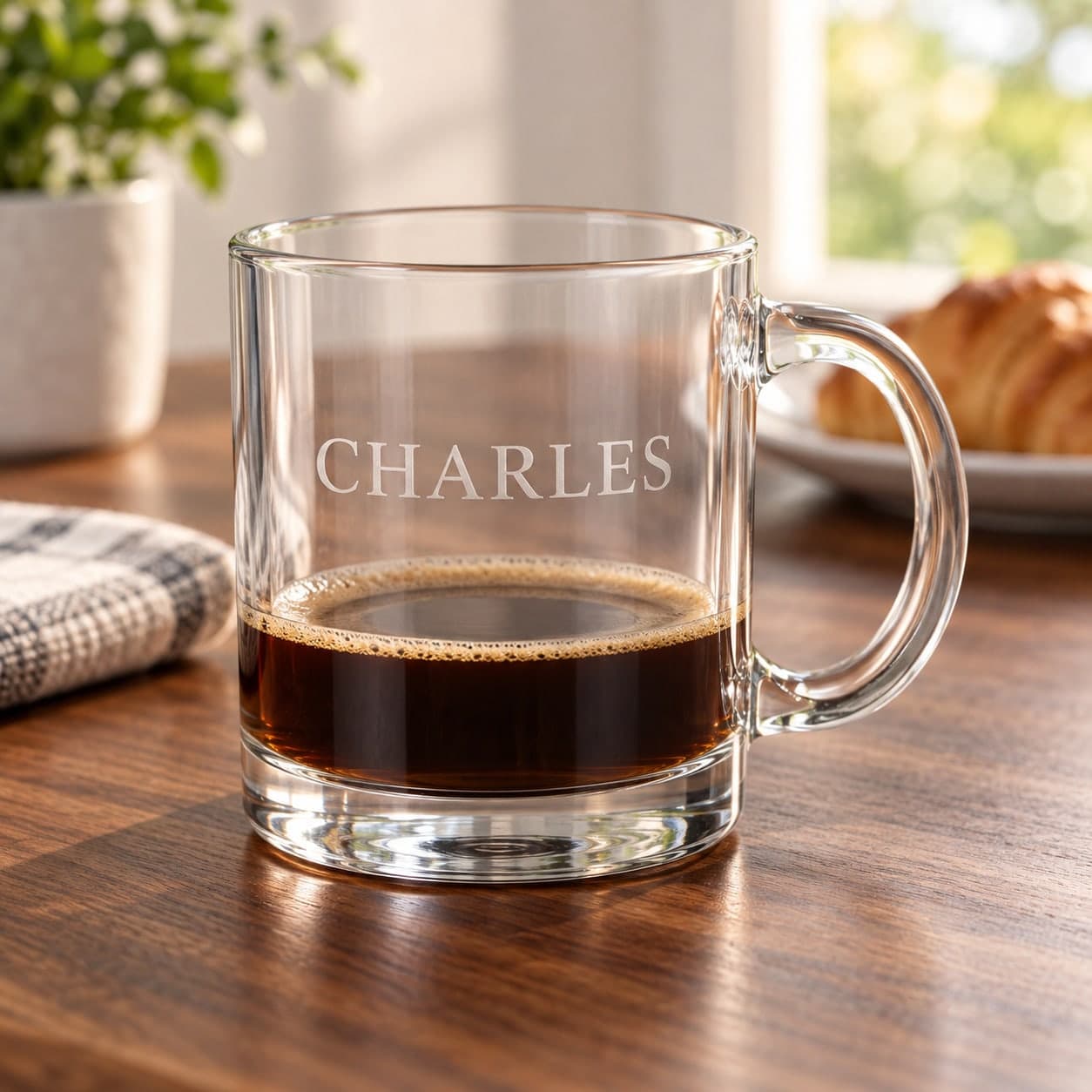 Custom Engraved 12.25 oz Clear Glass Coffee Mug with Your Name or Logo