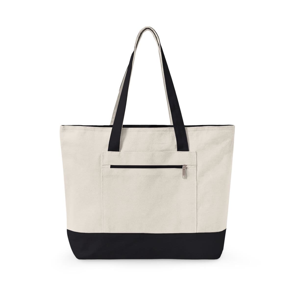 Plain natural/black zippered canvas tote, front view