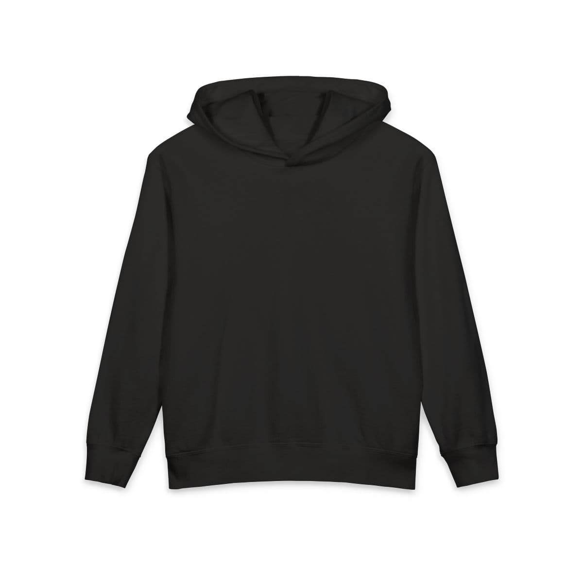Plain black lightweight youth hooded sweatshirt, front view