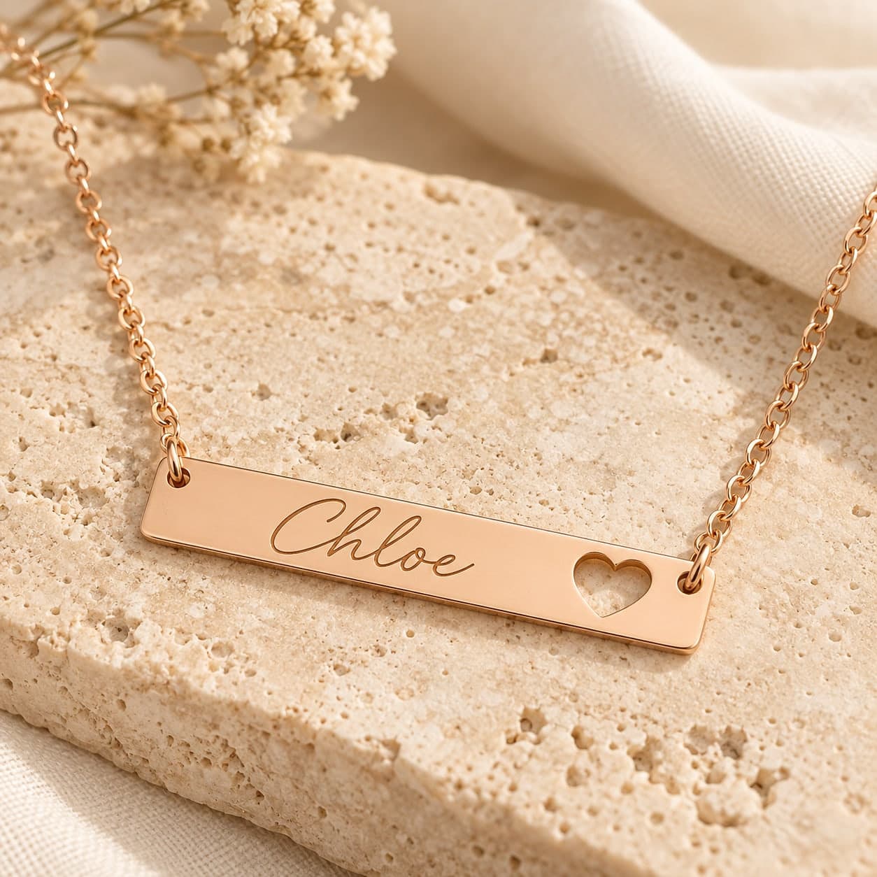 Custom Engraved Cutout Bar Heart Necklace with Your Name or Logo