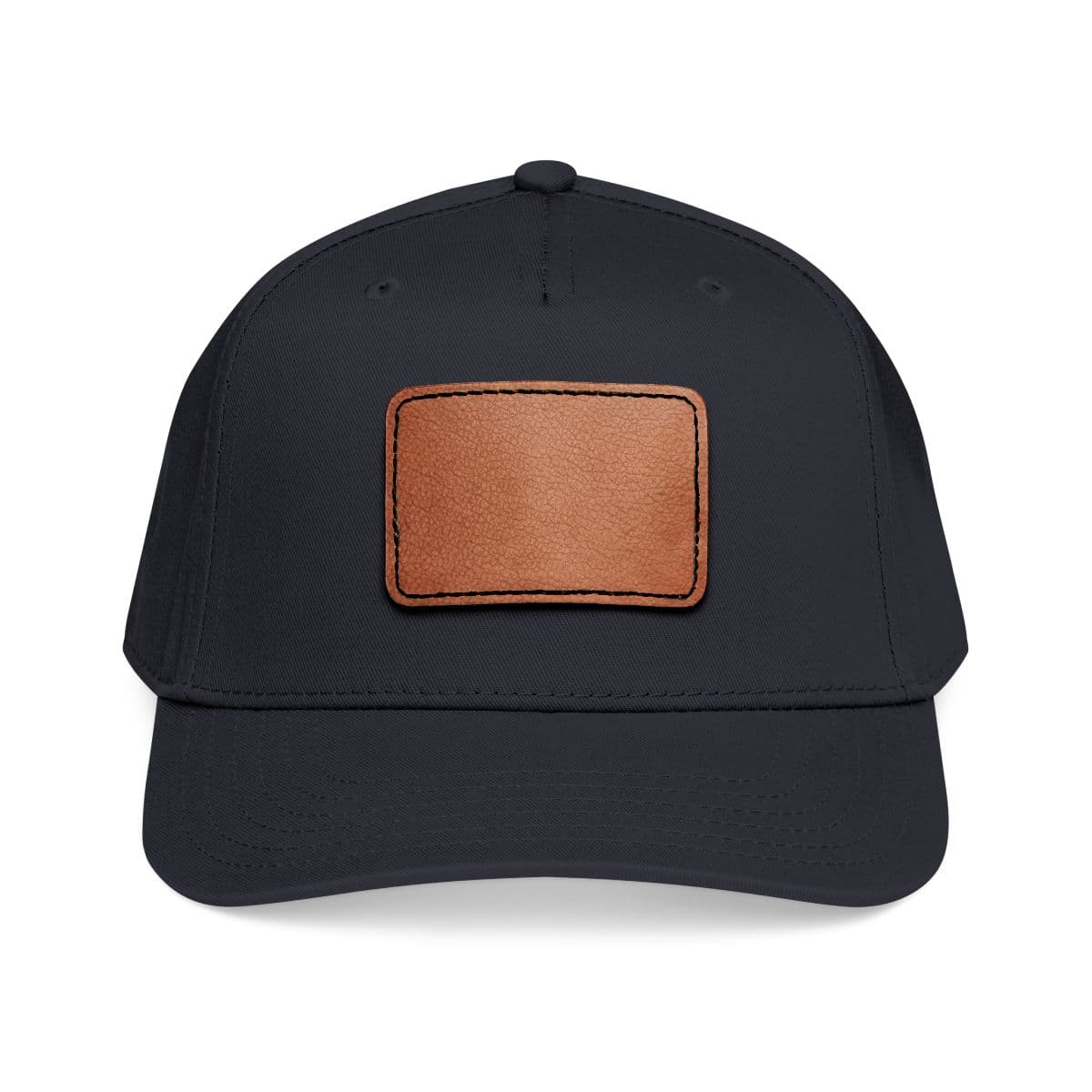 Plain black / light brown patch mid profile baseball cap with leather patch (rectangle), front view