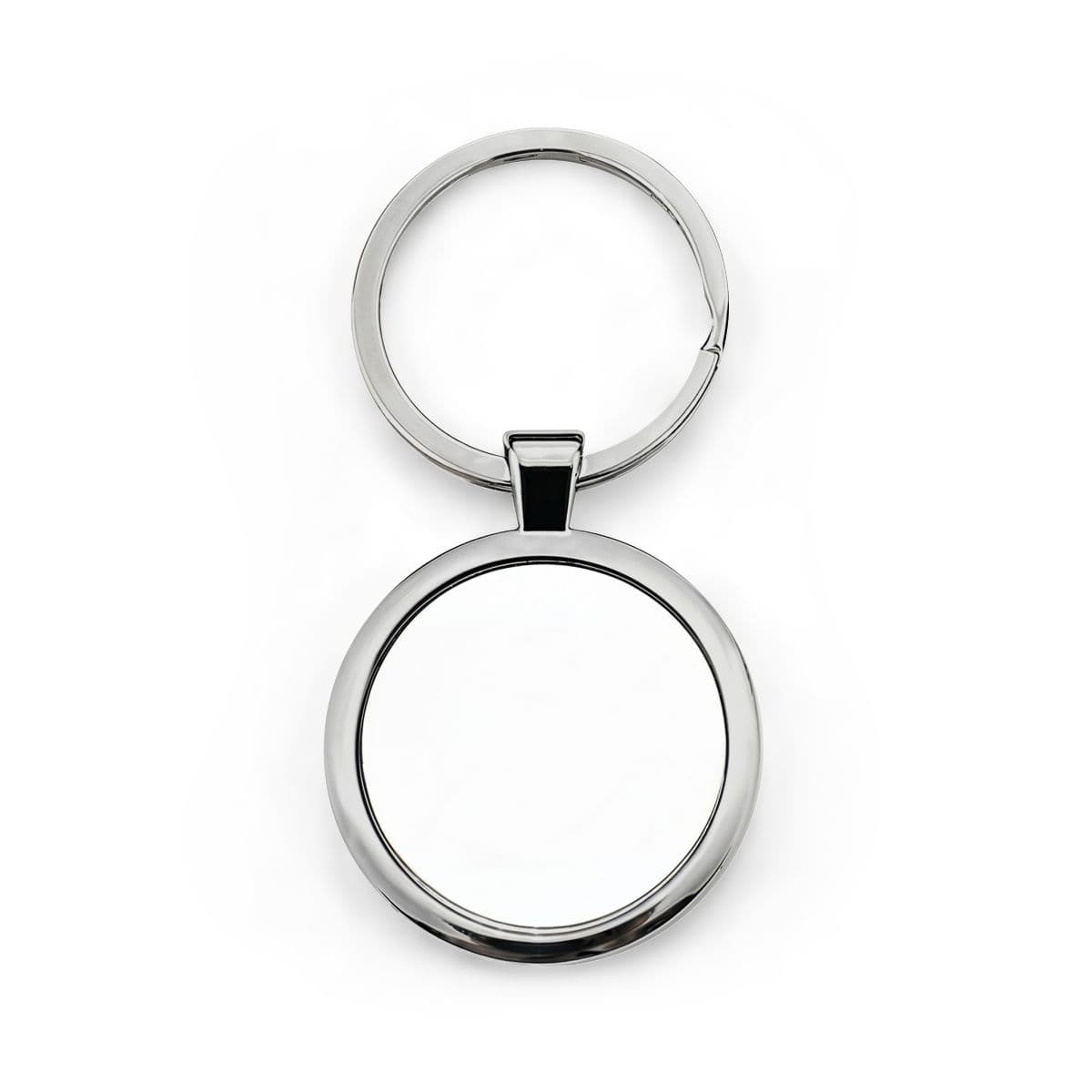 Plain silver round stainless steel keychain, front view