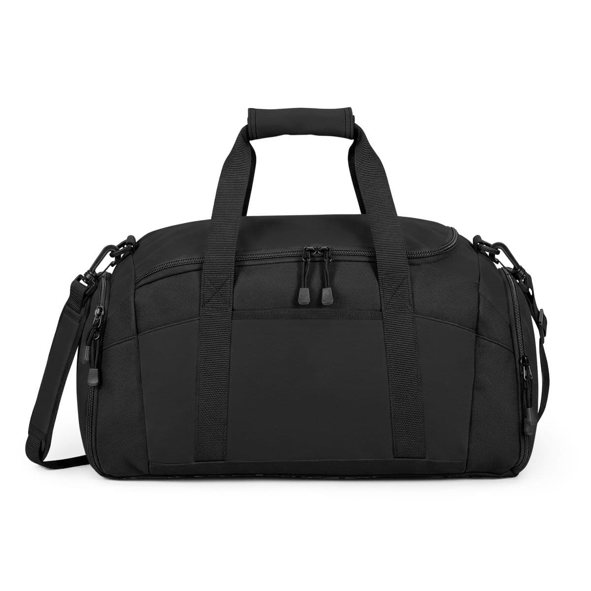 Plain black gym bag, front view