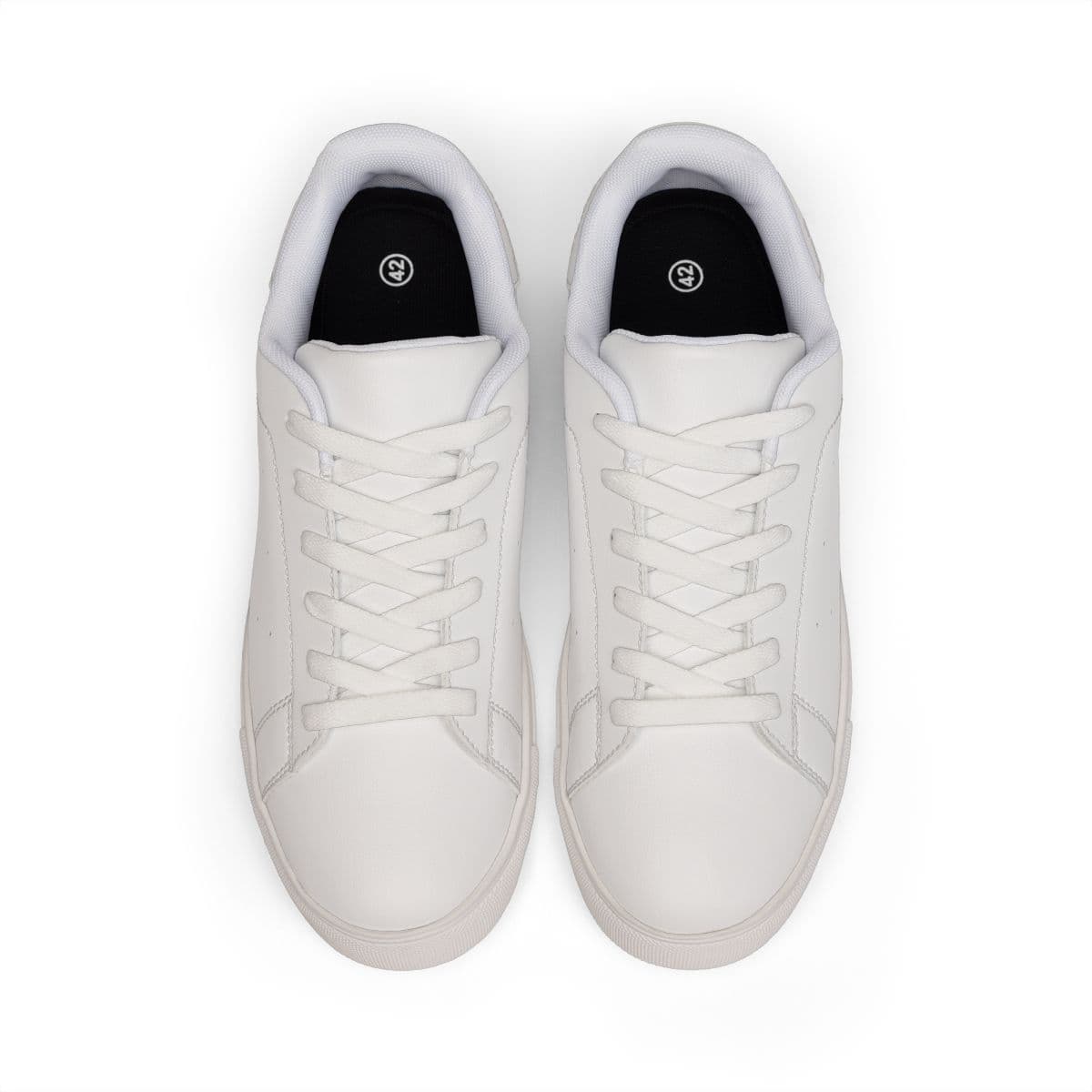 Plain white men's low-top leather sneakers, front view