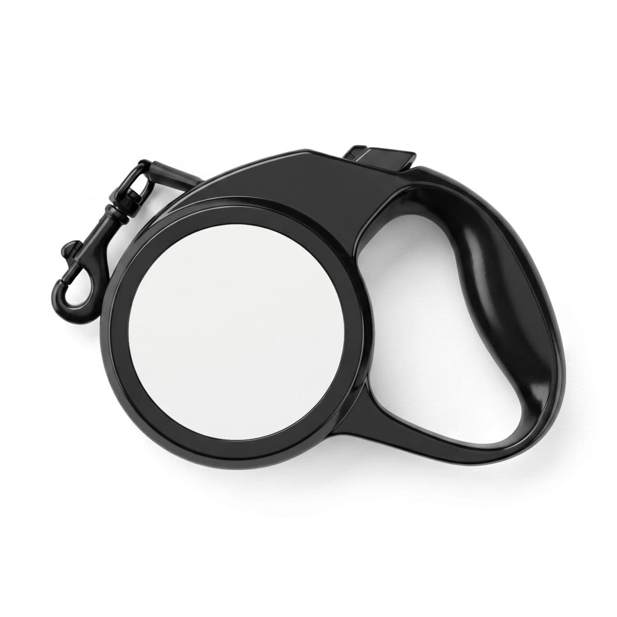 Plain black retractable pet leash, front view