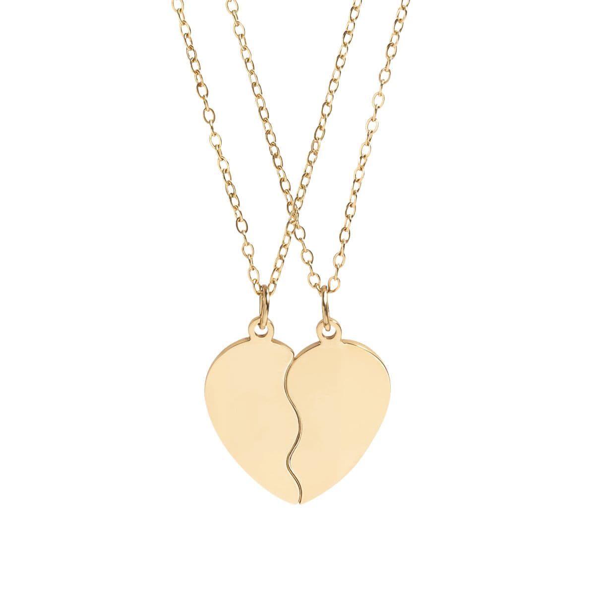 Plain 18k gold pvd coating break apart heart necklace set (engraving), front view