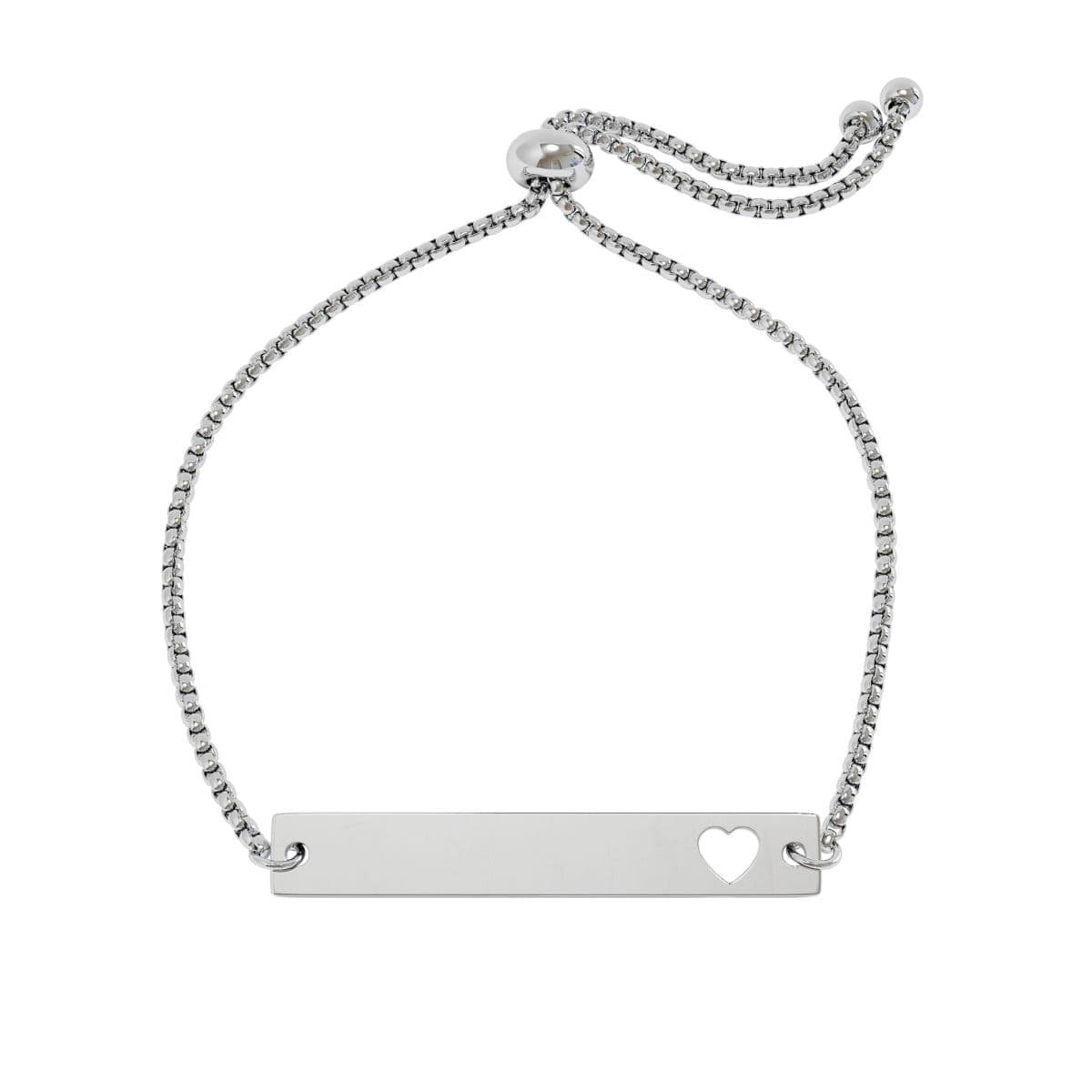 Plain stainless steel adjustable flat cutout heart bar bracelet (engraving), front view