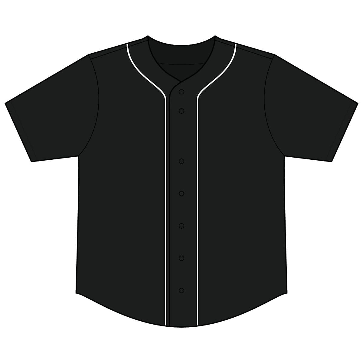 Plain black short sleeve full-button baseball top, front view