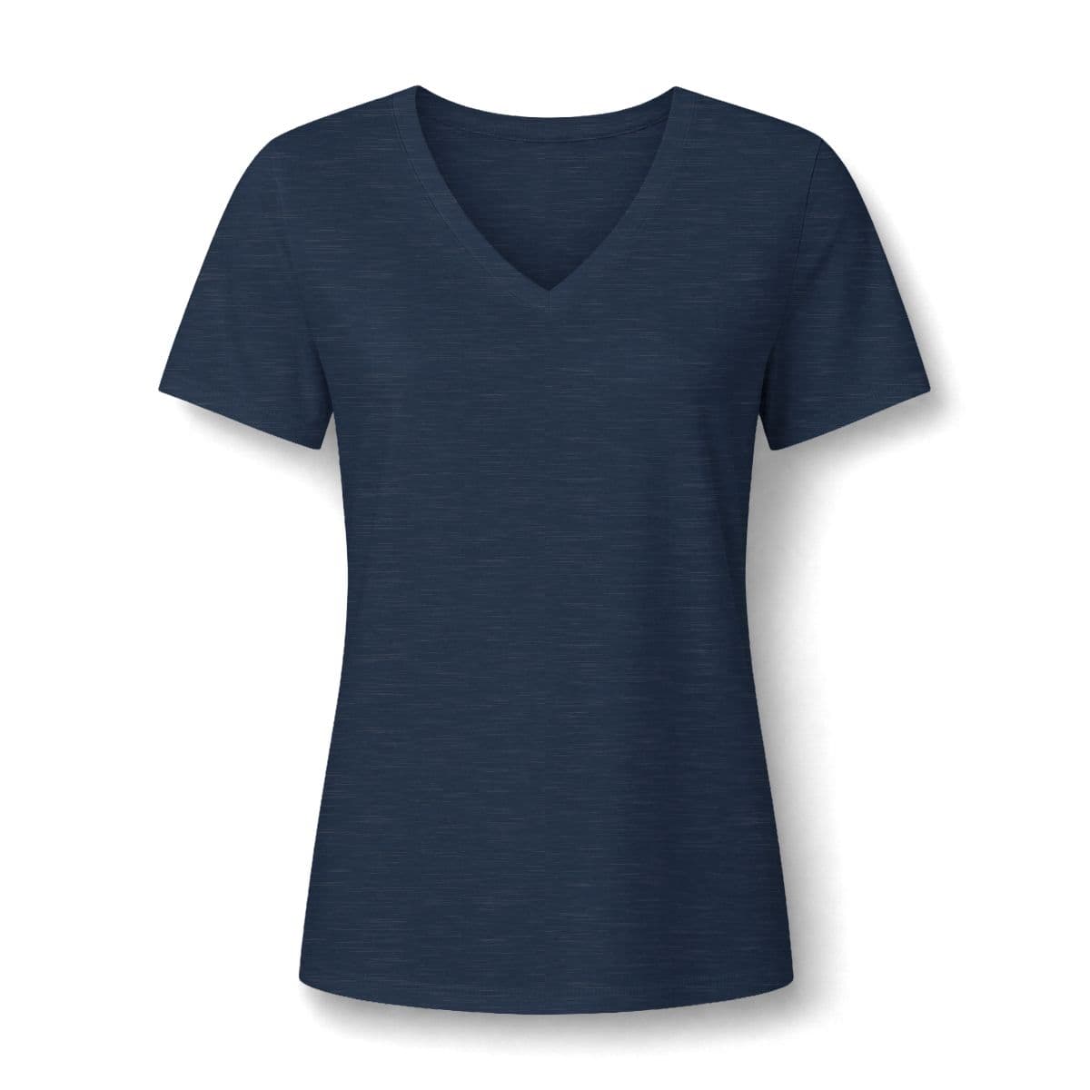 Plain heather navy women's relaxed heather cvc v-neck tee, front view
