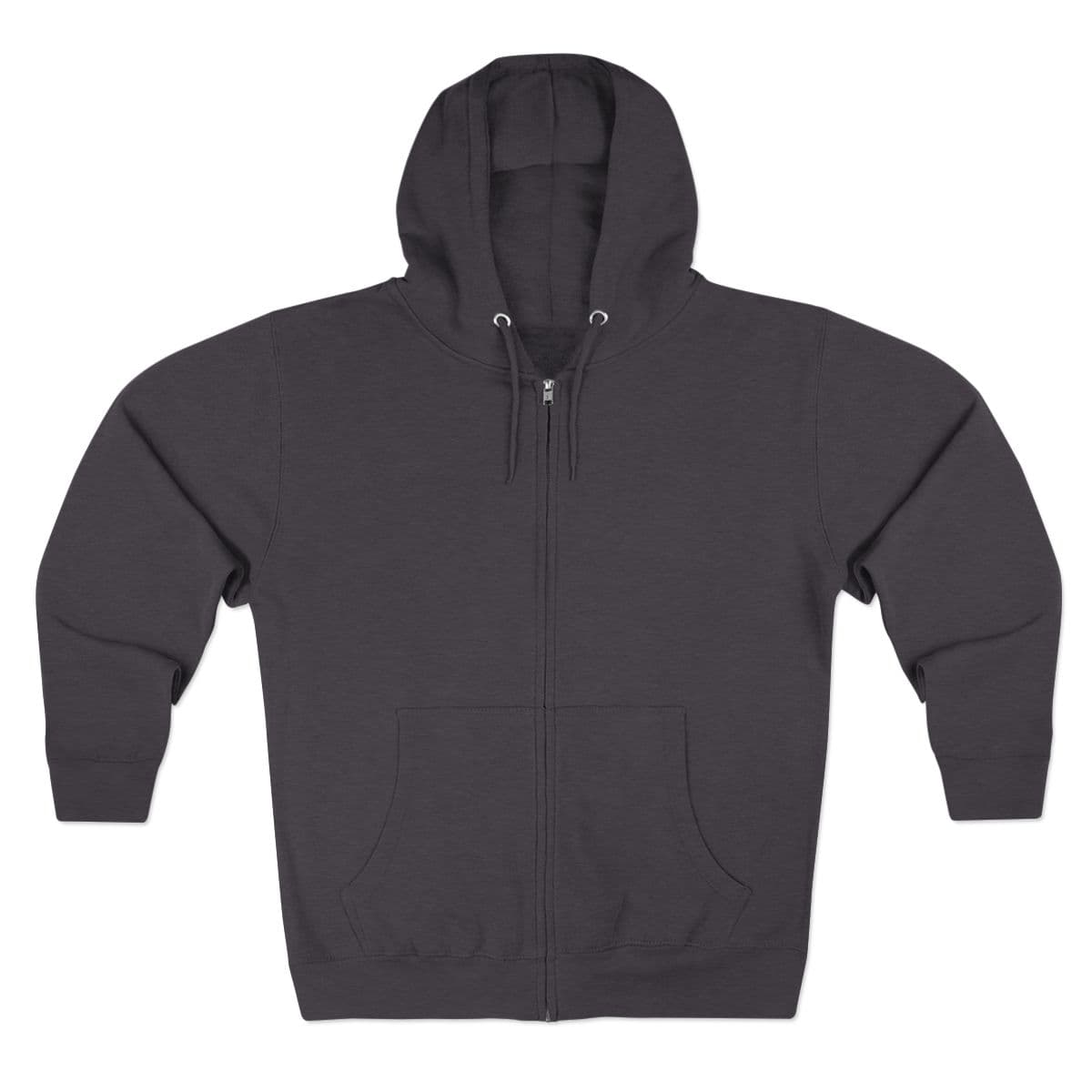 Plain charcoal heather unisex zip hoodie, front view