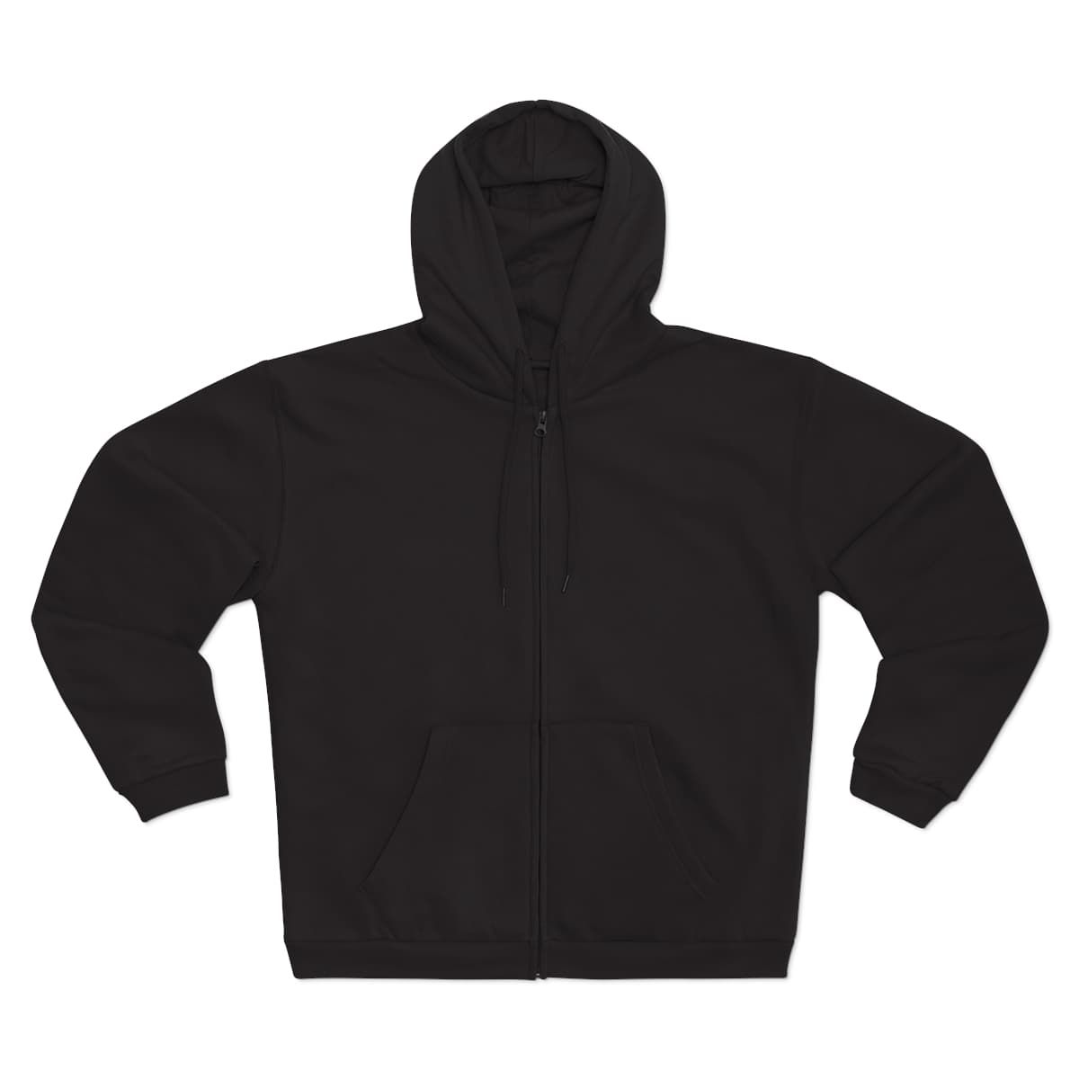 Plain black unisex hooded zip sweatshirt, front view