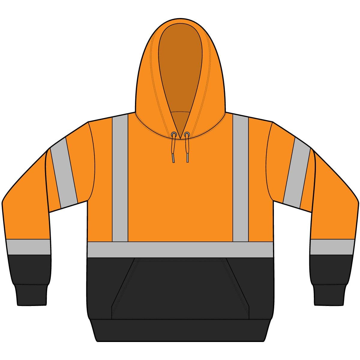 Plain safety orange ansi 107 class 3 heavy-duty fleece pullover hoodie, front view