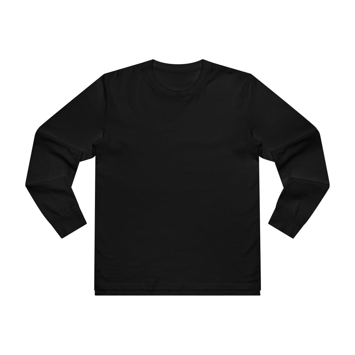 Plain black men’s base longsleeve tee, front view